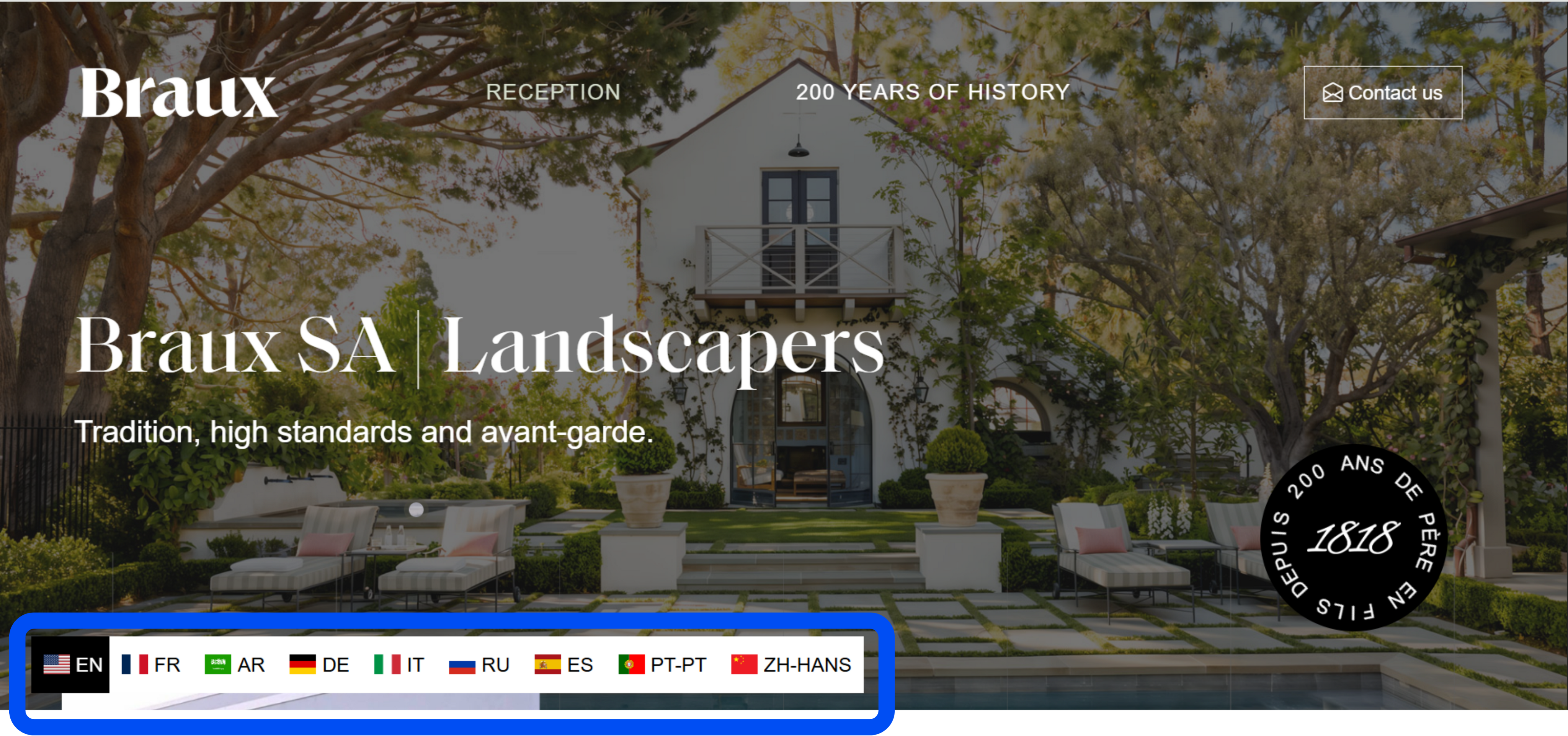 Braux.ch-verkkosivusto MultiLipi-kielivalitsimella